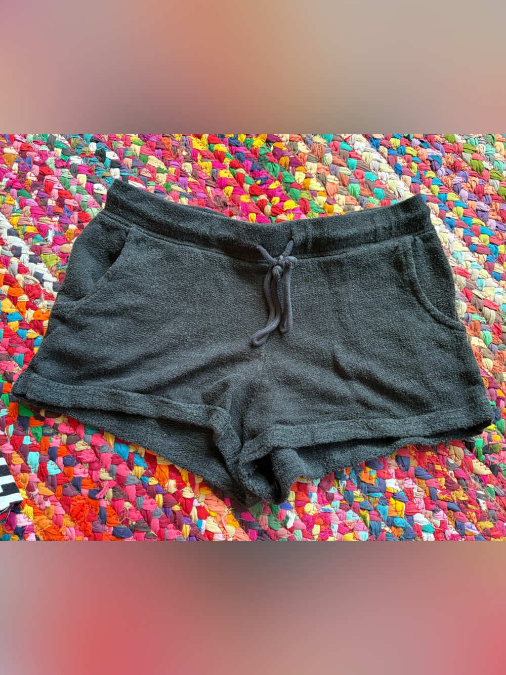 WOMENS BLACK TERRY CLOTH LOUNGE SHORTS